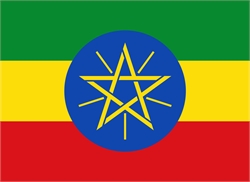 [ai] The flag of Ethiopia featuring horizontal stripes of green, yellow, and red with a blue circle at the center, which contains a yellow star and rays.